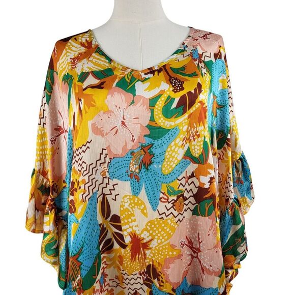 NEW Easel Small - Large Multi-Color Kaftan Style Maxi Dress Ruffle Sides Pockets - Picture 9 of 16